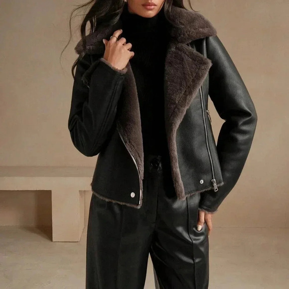 Black Casual Women's Faux Leather Composite Collar Jacket